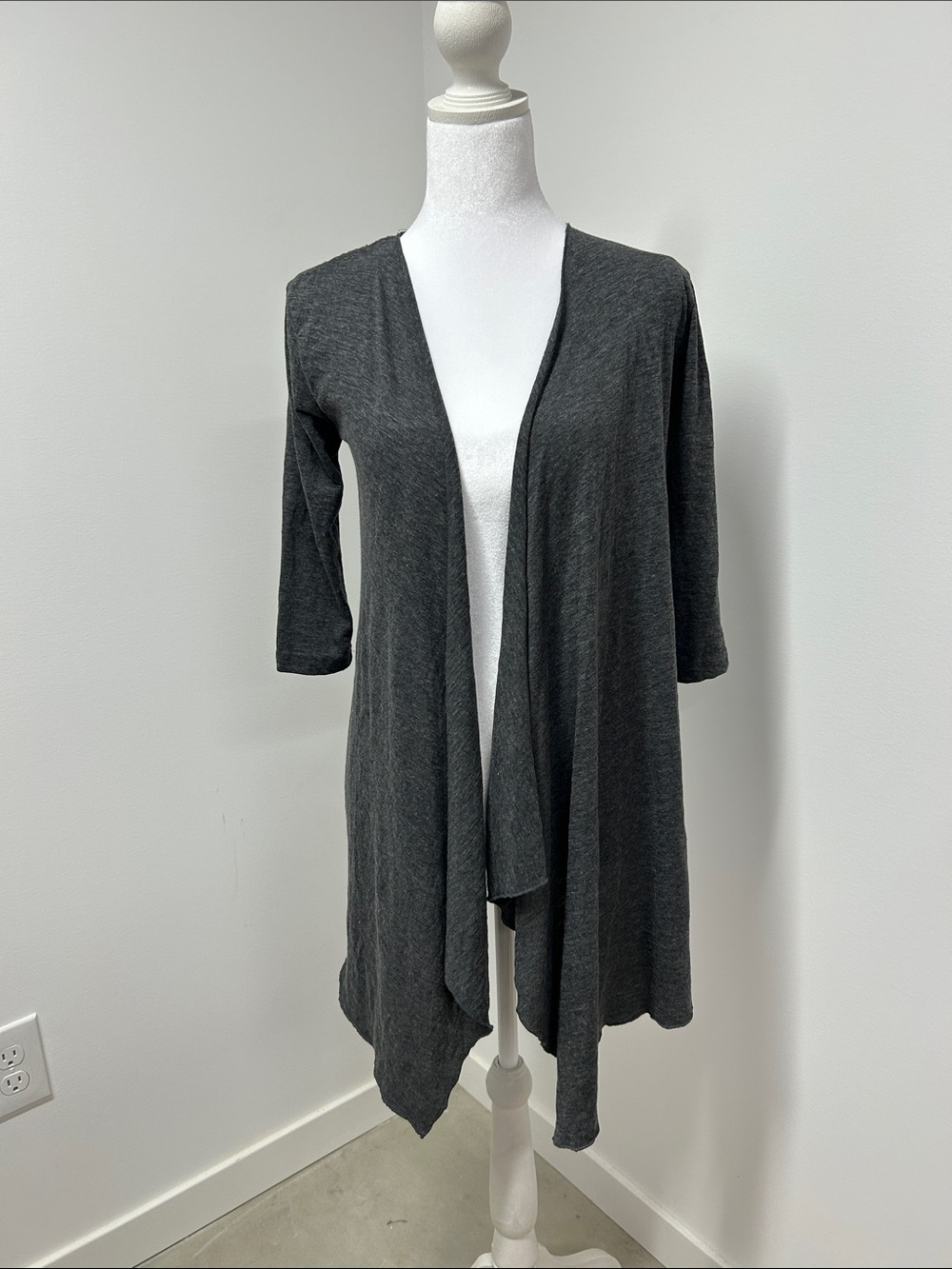 NWT Love Change Charcoal Grey Crochet Lace Back Draped Cardigan